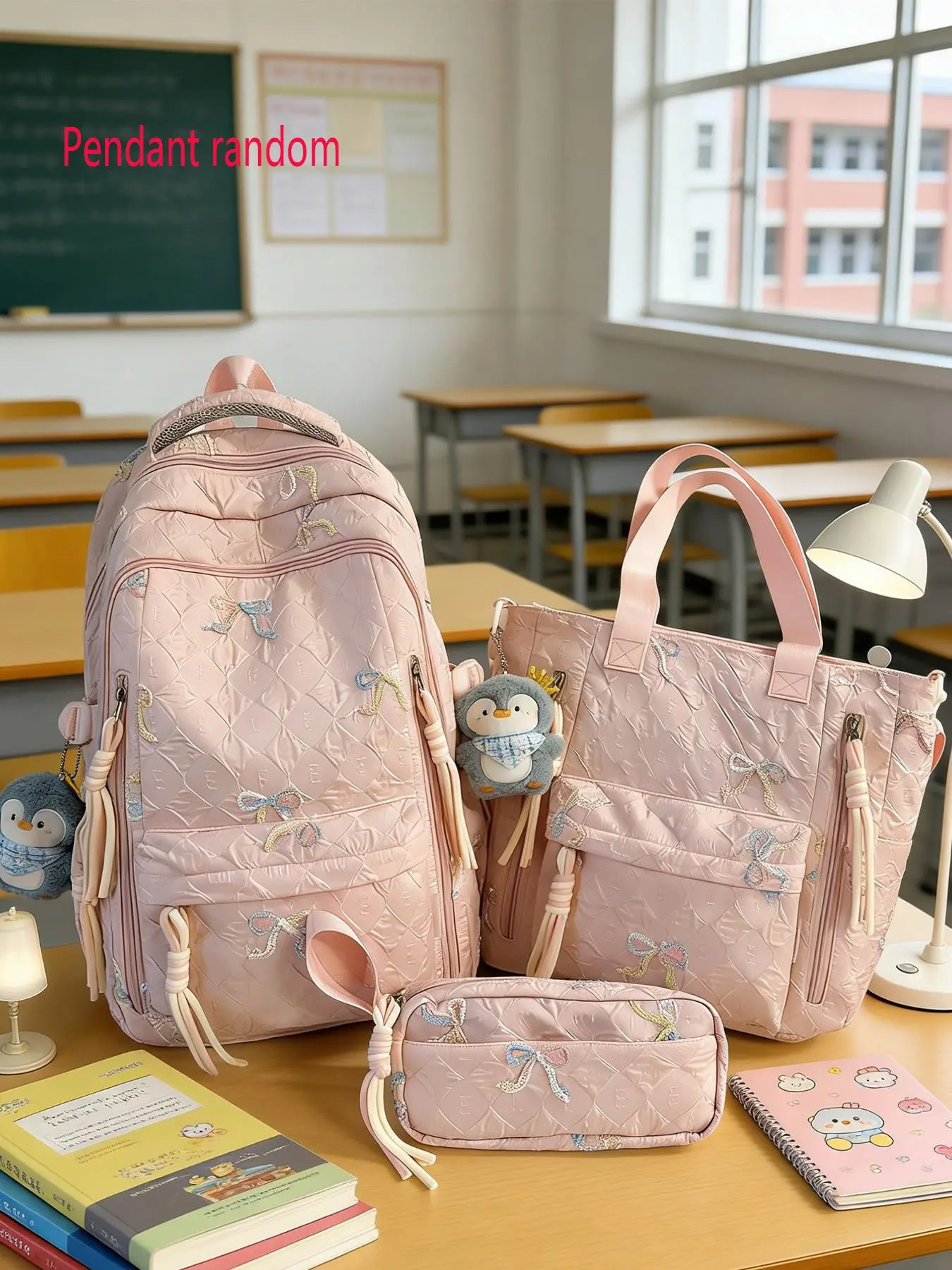 3pcs Large capacity women's backpack, lightweight Nylon Backpack with zipper closure and bow tie, Stylish Casual Daypack Backpacks, casual and cute, suitable for students to go to school, commuting, shopping