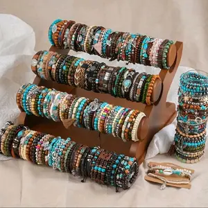 Multilayer Wooden Beads 12-Piece Bracelets Set - Bohemian Style, Elastic Band, Great Gift for Any Occasion, Unisex, Casual Style