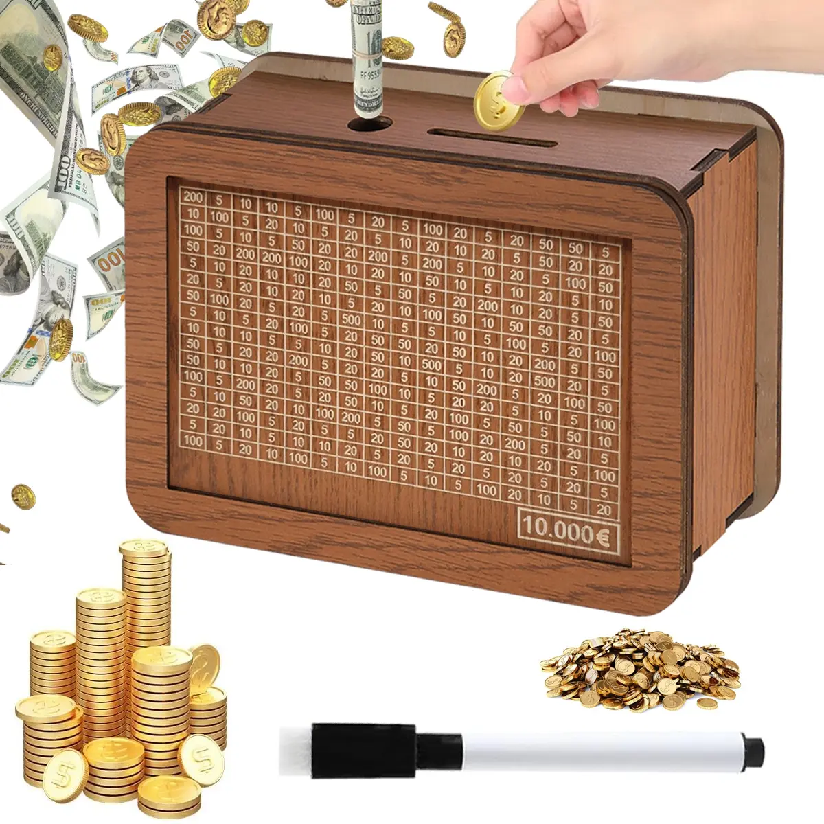Euro Money Box with Counter, Wooden Cash Saver Money Box, Saving Box, Coin Counter Piggy Bank, Wooden Money Bank for Kids Adults to Create Emergency Fund, Saving Challenge Box, Wooden Savings Box
