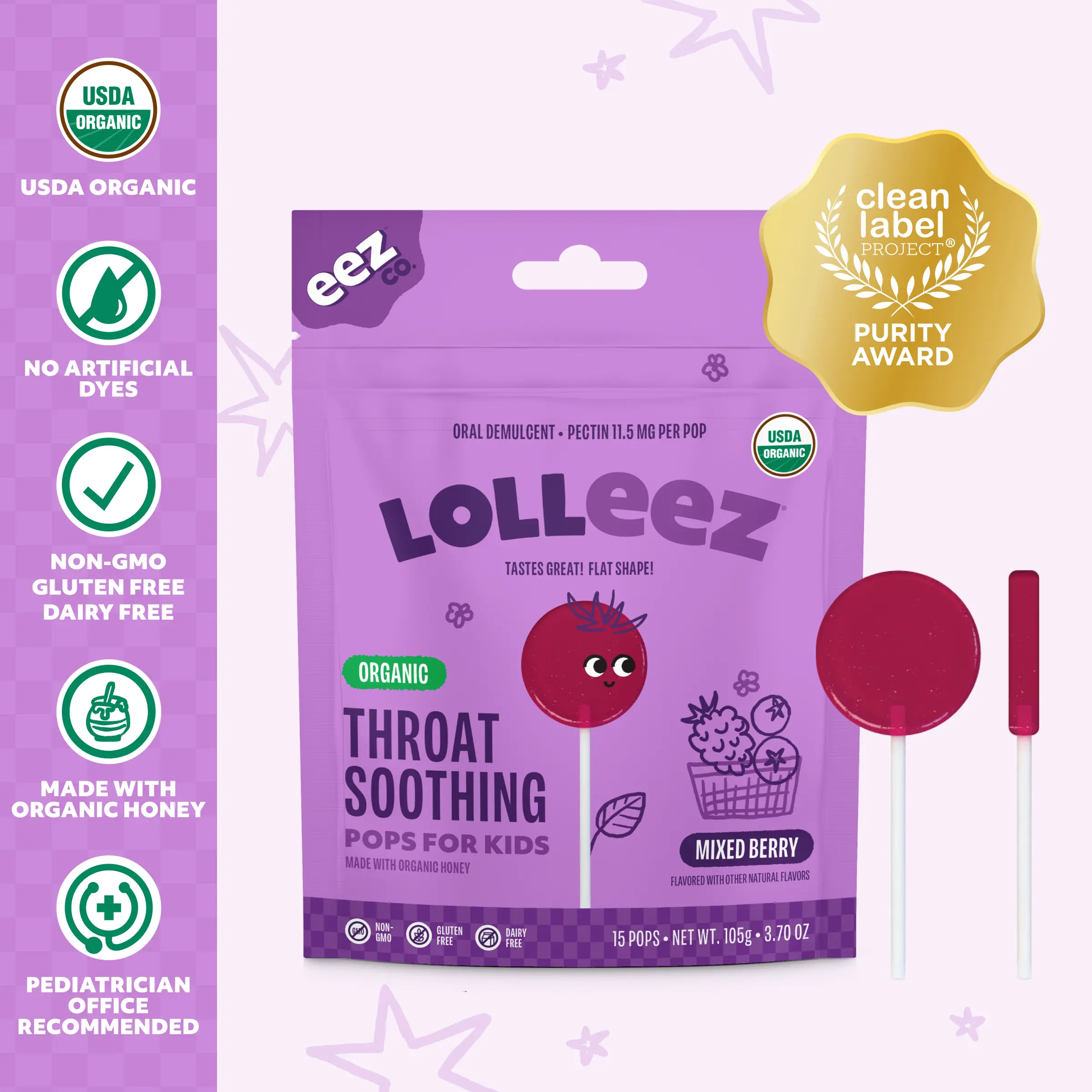 Lolleez by EEZ Co. Organic Throat Soothing Pops for Kids, Mixed Berry