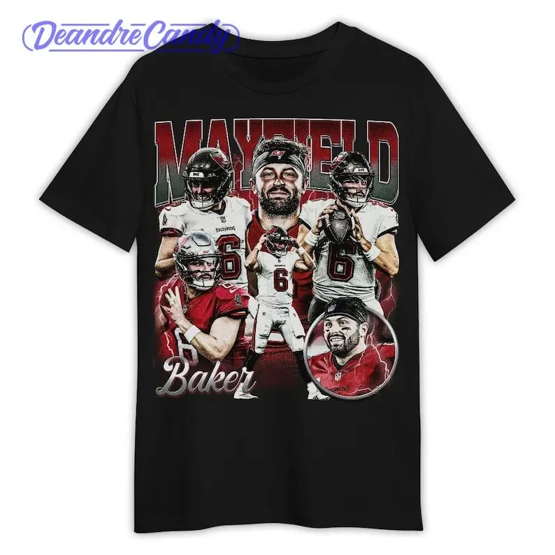 Men's 3XL Cotton Short-Sleeve Round Neck Casual T-Shirt - Baker Mayfield American Football Vintage Graphic, 90s Inspired Classic Menswear Top, Fan Gift, Comfortable Fit, Tshirt for Chinese New Year, Children's Day, Childrens Day, Preppy Basic