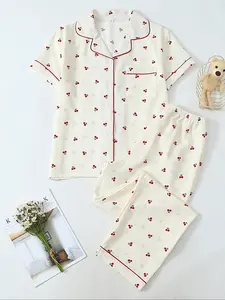Women's Two-Piece Cherry Print Pajama Set, Casual Fitted Comfortable Lapel Pocket Woven Shirt Short Sleeve + Elastic Waist Home Pants, All-Season Sleepwear Loungewear Pyjamas Homewear Pjs
