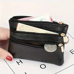 Unisex ultra-thin coin purse, portable mini bag coin purse with keychain, zipper closure PU material, scratch-resistant and rub-resistant, multiple pockets for storage, durable and easy to clean