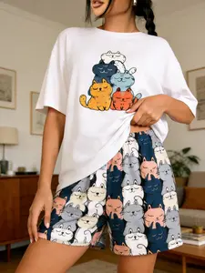 Women's Cute Cat Print Lounge Shorts, Casual Elastic Waist Pajama Bottoms, Soft Cartoon Graphic Sleep Shorts for Home Wear, Daily Relax & Loungewear