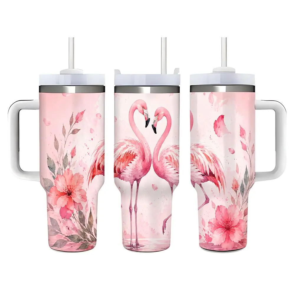 40oz Pink Flamingo & Floral Pattern Stainless Steel Tumbler - Double Wall Vacuum Insulated Leak-Proof Drinkware with Handle, Straw, Lid - Fits Car Cup Holders, For Coffee, Tea, Iced Tea - Relaxing At Home Use, Perfect Gifts For Birthday Holidays