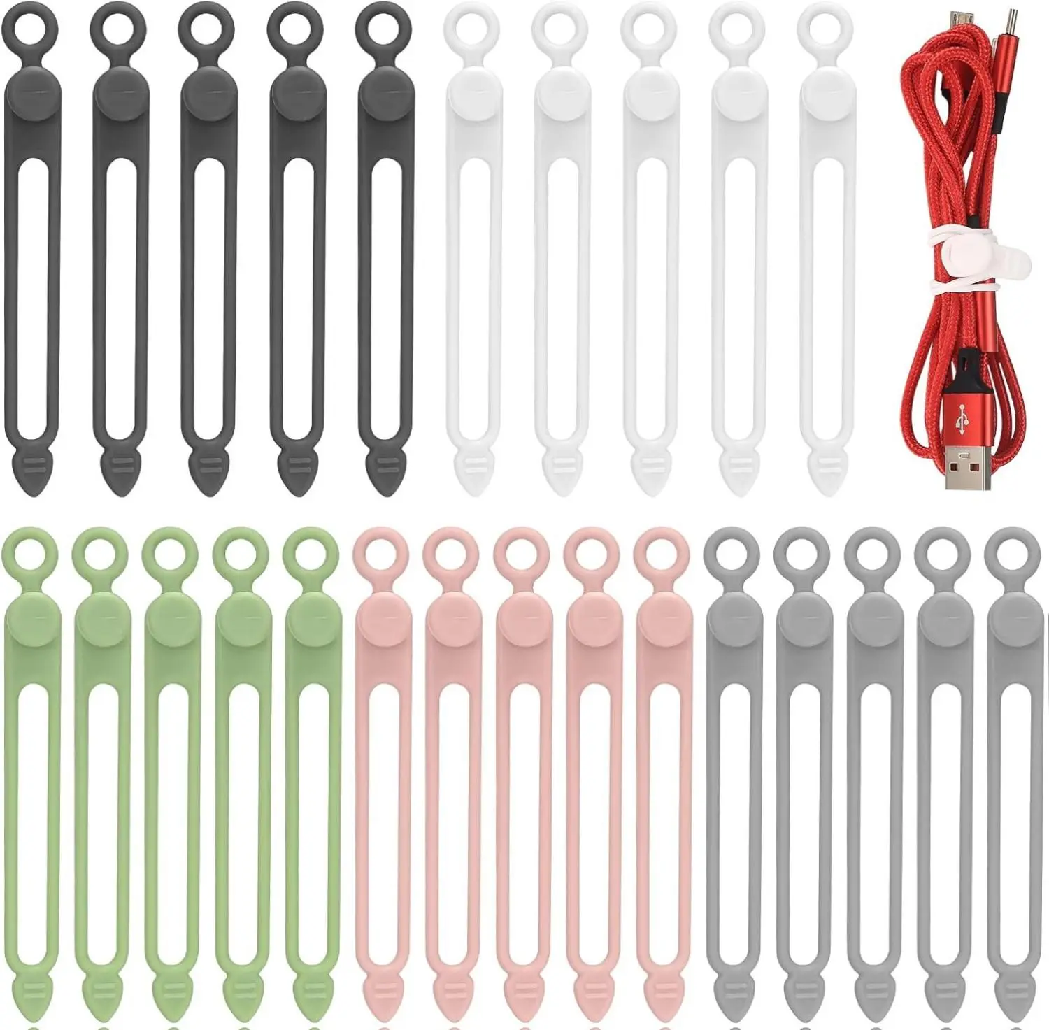 30-Pcs Cable Ties for Organizing Cords, USB & Wire Management, Multi-Color Black, White, Green, Pink, Gray