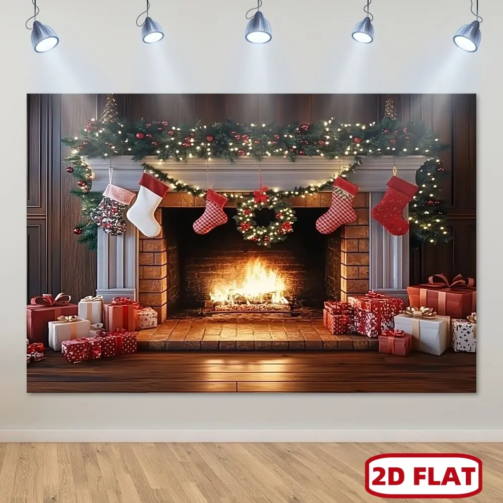 1pc 2D Flat Polyester Christmas Fireplace Backdrop Cloth - Glam Look, Easy Installation, No Power Needed, Seasonal Holiday Decor for Xmas, Winter