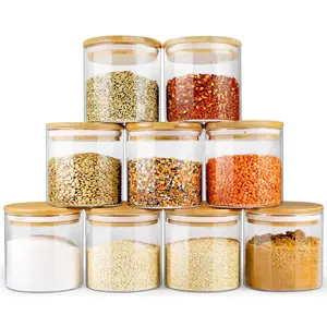 EcoEvo Glass Jars with Bamboo Lids (16oz in 9 Pack) Glass Food Jars and Canisters Sets Glass Food Storage Jars with Airtight Lids Glass Canisters with lids Glass Pantry Jars
