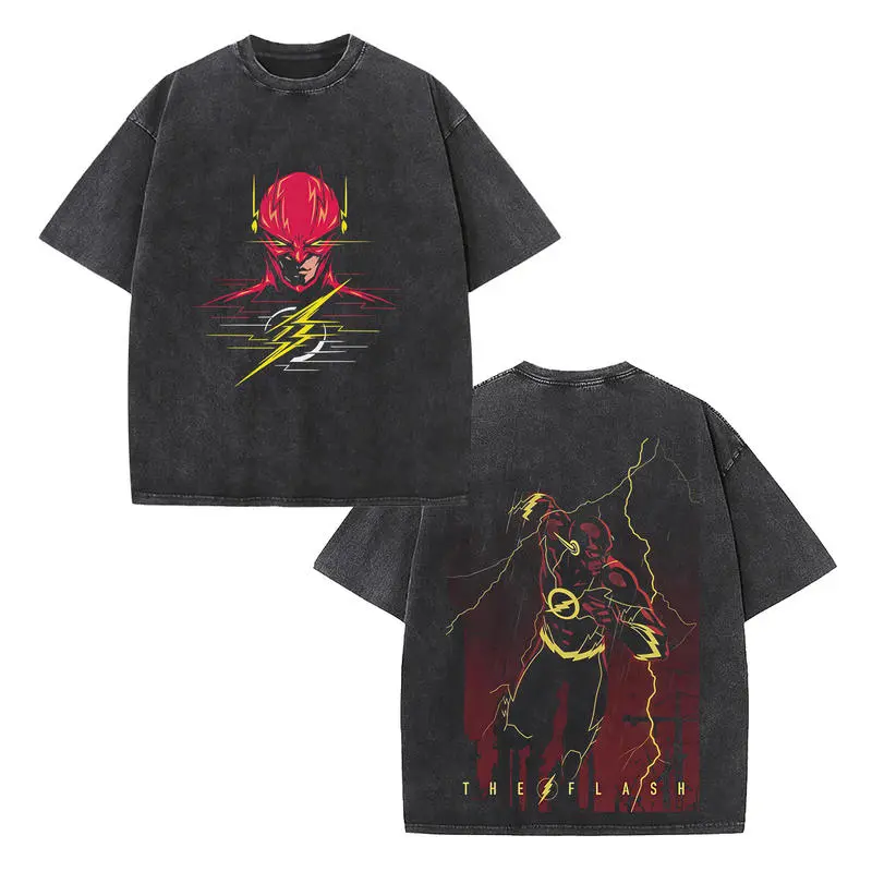 Retro 90s Scarlet Thunderbolt Speedster Special Edition Graphic T-Shirt – Crimson Lightning Bolt Logo Front & Power Burst Back Print, Superhero Comic Style, Vintage Washed Black Unisex Streetwear Tee