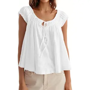 Imily Bela Women's Summer Tie-Front Cap-Sleeve Pleated Babydoll Top, Casual Loose-Fit Flowy Women's Top for Going Out, Women's Tops
