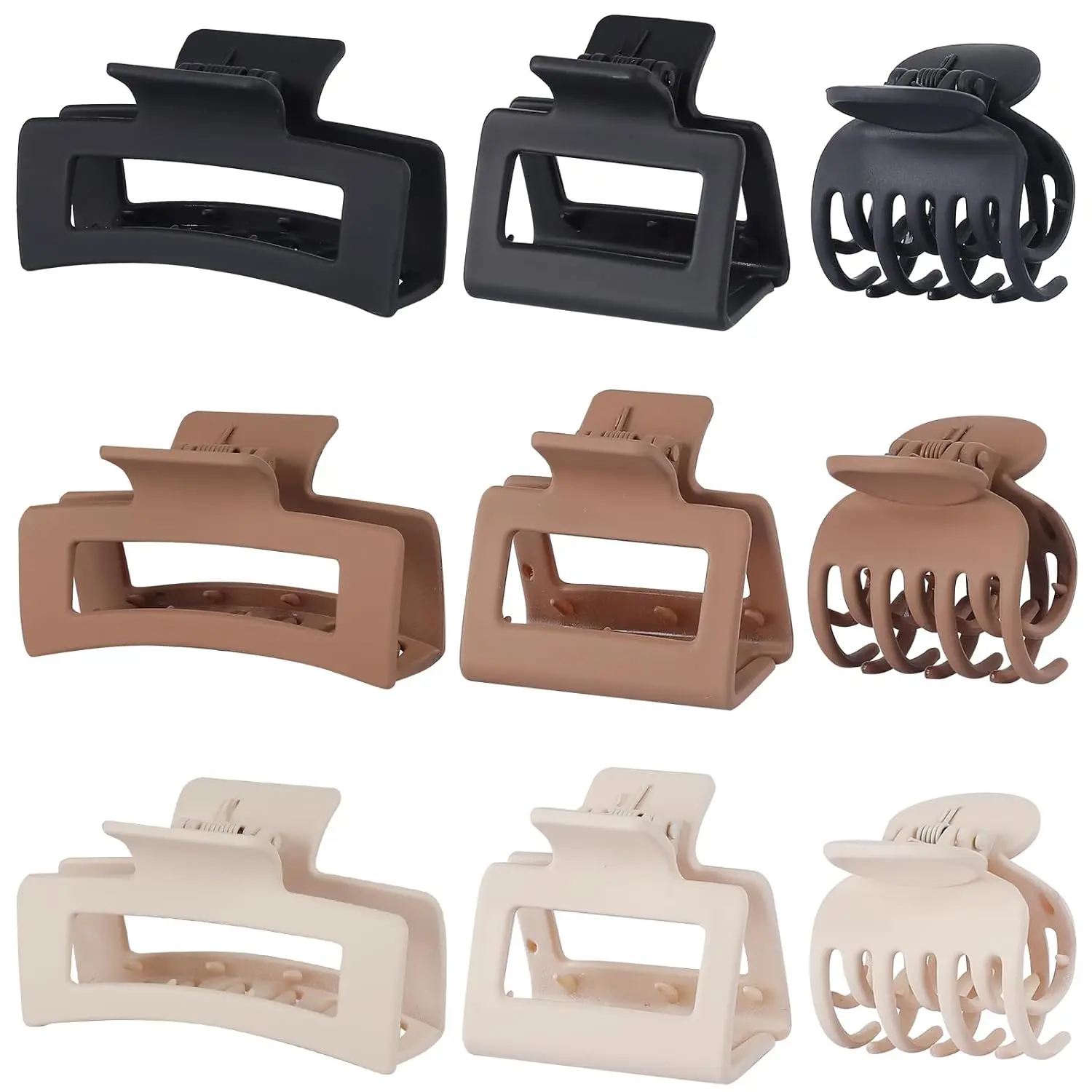Medium Claw Hair Clips Set for Women - 3 Styles, 9 count Rectangle Clips for Thick Hair, Square Clips for Thin Hair - Brown