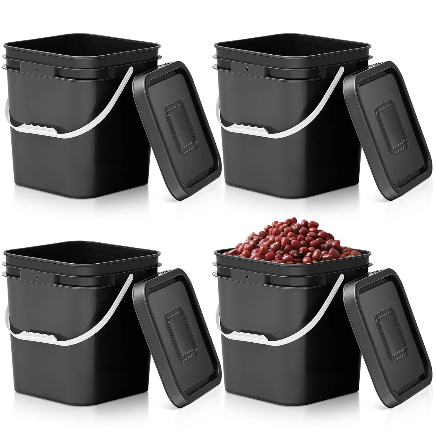 3 count 3.5 Gallon Square  Grade Bucket with Lid Square Bucket Pail with Plastic Handles for Storing Dry , Charcoal, Camping, Fishing (Black)