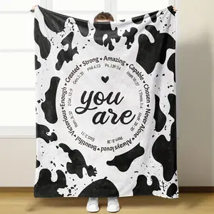 1pc Ultra-Soft Flannel Throw Blanket with Inspirational Quotes & Cow Print Design – Cozy, Reversible, All-Season Comfort for Home or Office Naps I