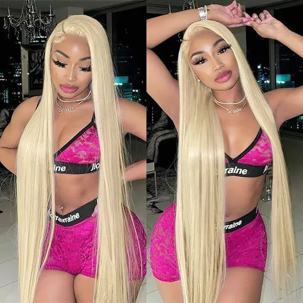 32 Inch 613 Lace Front Wig 13X4 Blonde Straight HD Transparent Lace Frontal Wigs Blended Human Hair Pre Plucked with Baby Hair 180% Density Blonde Glueless Wigs