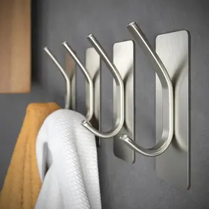 4 Pack Adhesive Towel Hooks – Heavy Duty Stainless Steel Wall Hooks for Bathroom, Door, Coat Rack – Strong Sticky Holder, No Drill, Rustproof – Silver