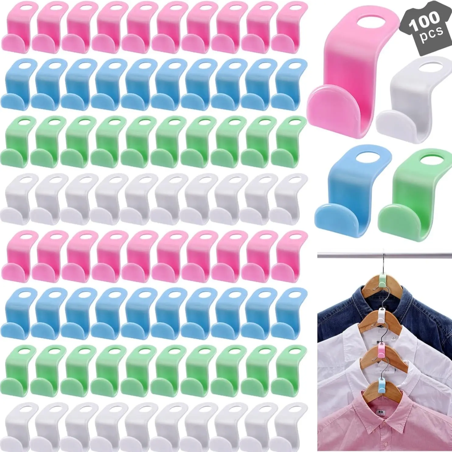 Clothes Hanger Connector Hook, Hanging Clothes, 100pcs/set 4 Color Hanger Space Saving, Heavy Duty Cascading Hanger Extender Hooks, Organizer, Plastic Hanger Extenders for Closet Wardrobe Organiser, Hanger Accessories, Closet Organization