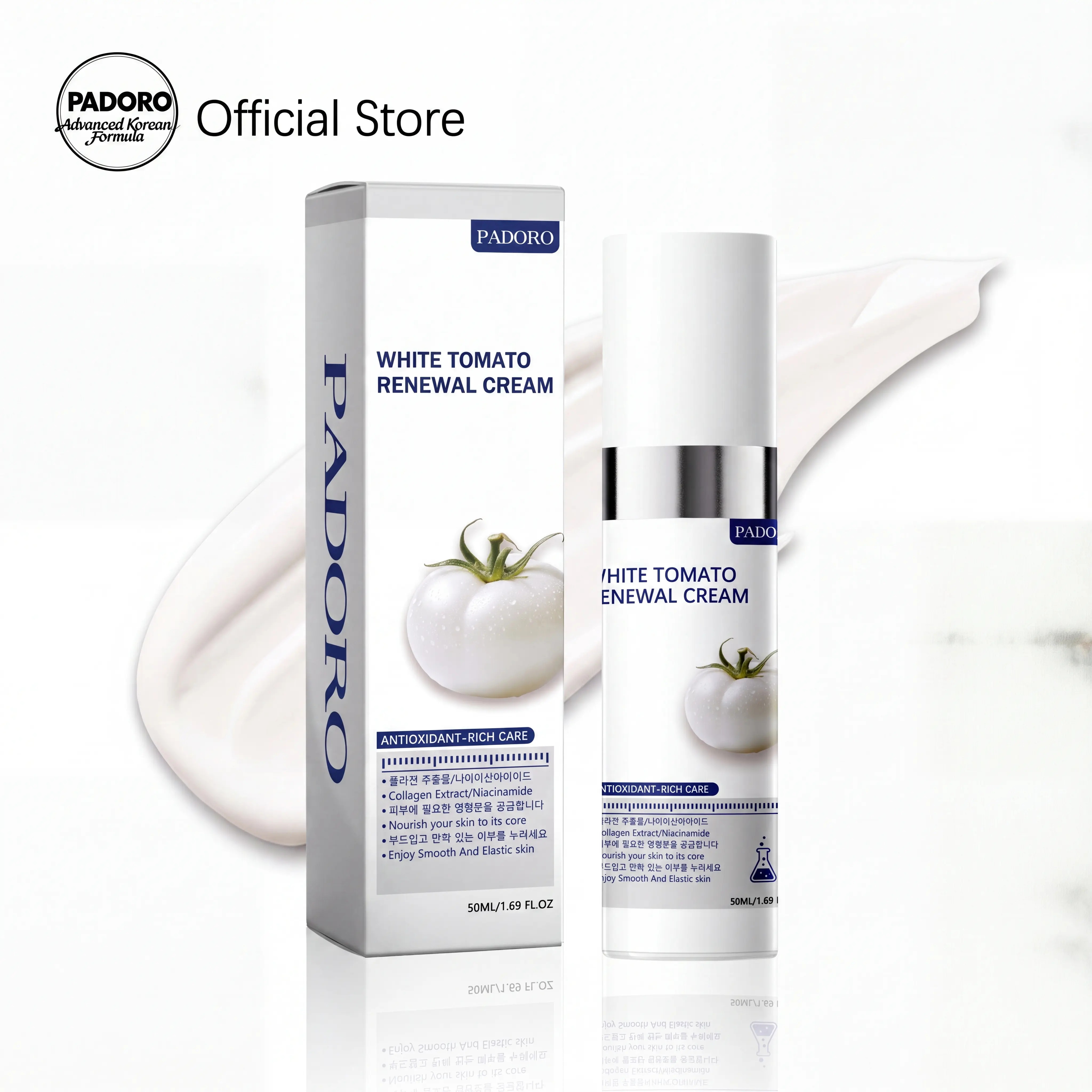 Padoro White Tomato Cream Anti-Wrinkle Moisturizer (50mL) with Collagen, Niacinamide, Centella Asiatica, Hyaluronic Acid - Daily Skincare for Wrinkles & Hydration