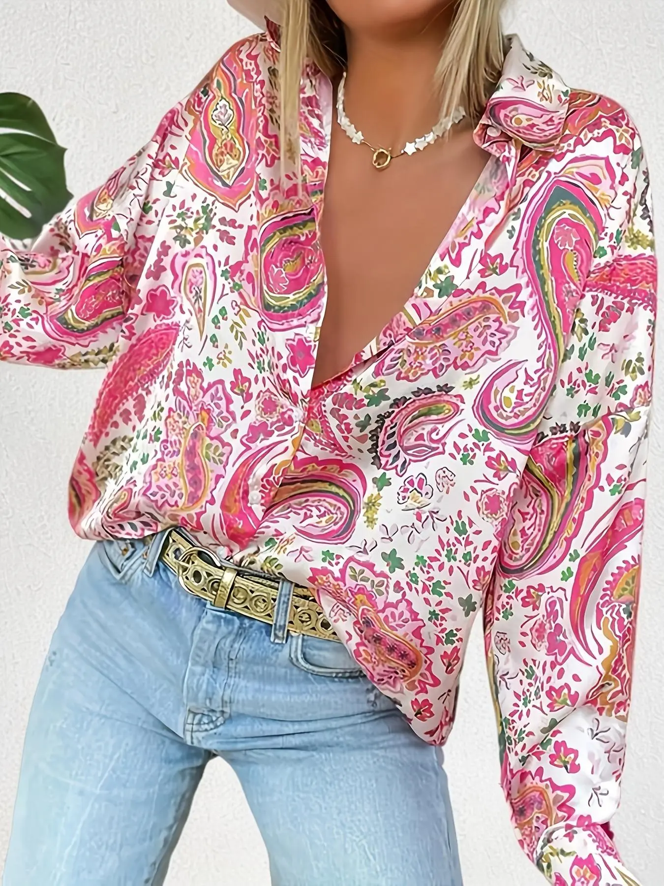 Plus Size Women's All-Over Paisley Print Button-Front Blouse, Button Up Top, Long Sleeve Collared Bohemian Shirt for Daily Summer Wear Tops