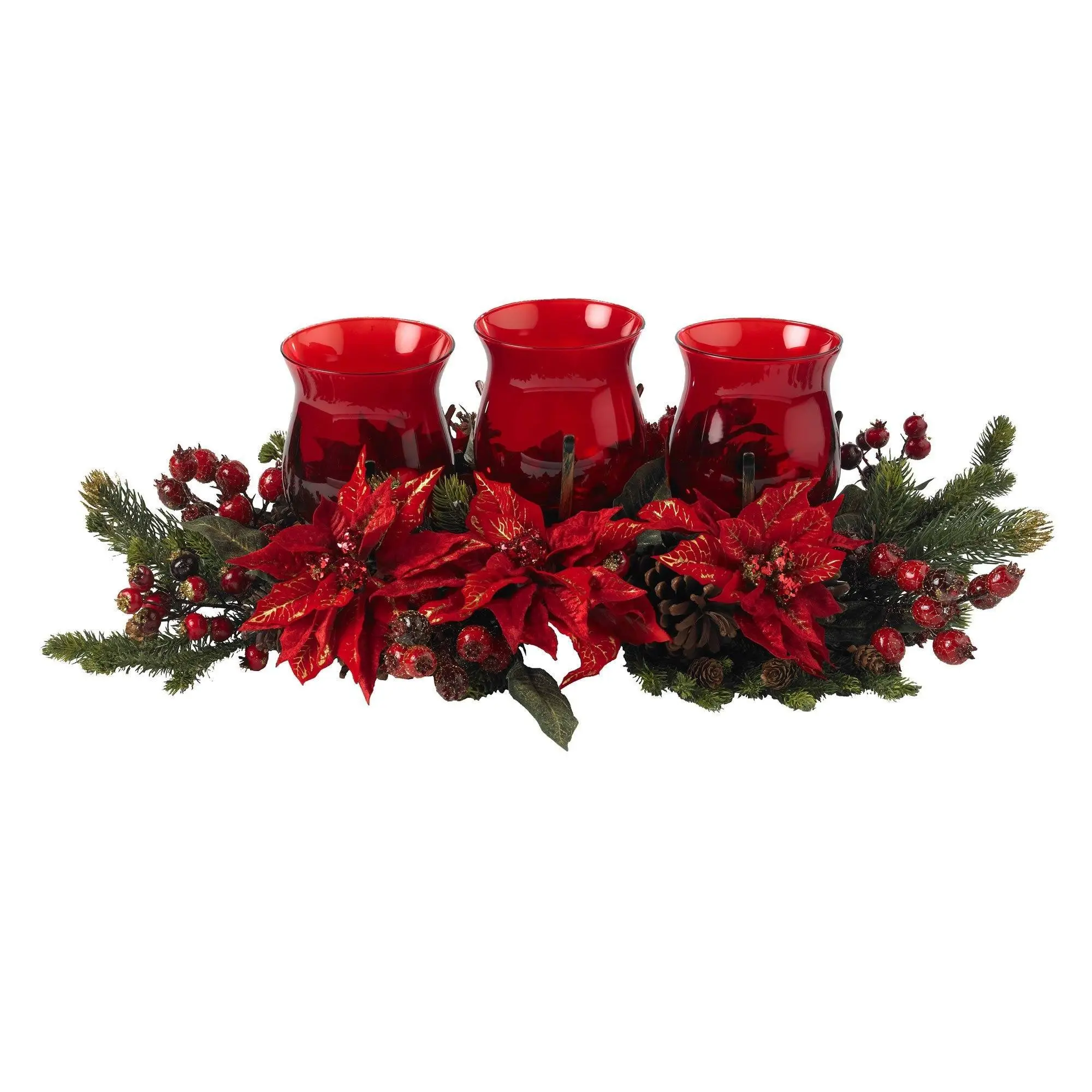 3-Candle Holder with Shiny Berry Ornaments, Poinsettia Flowers - Home Decor, Interior Decoration Accessories for Holiday, Party Decorations Indoors, Office