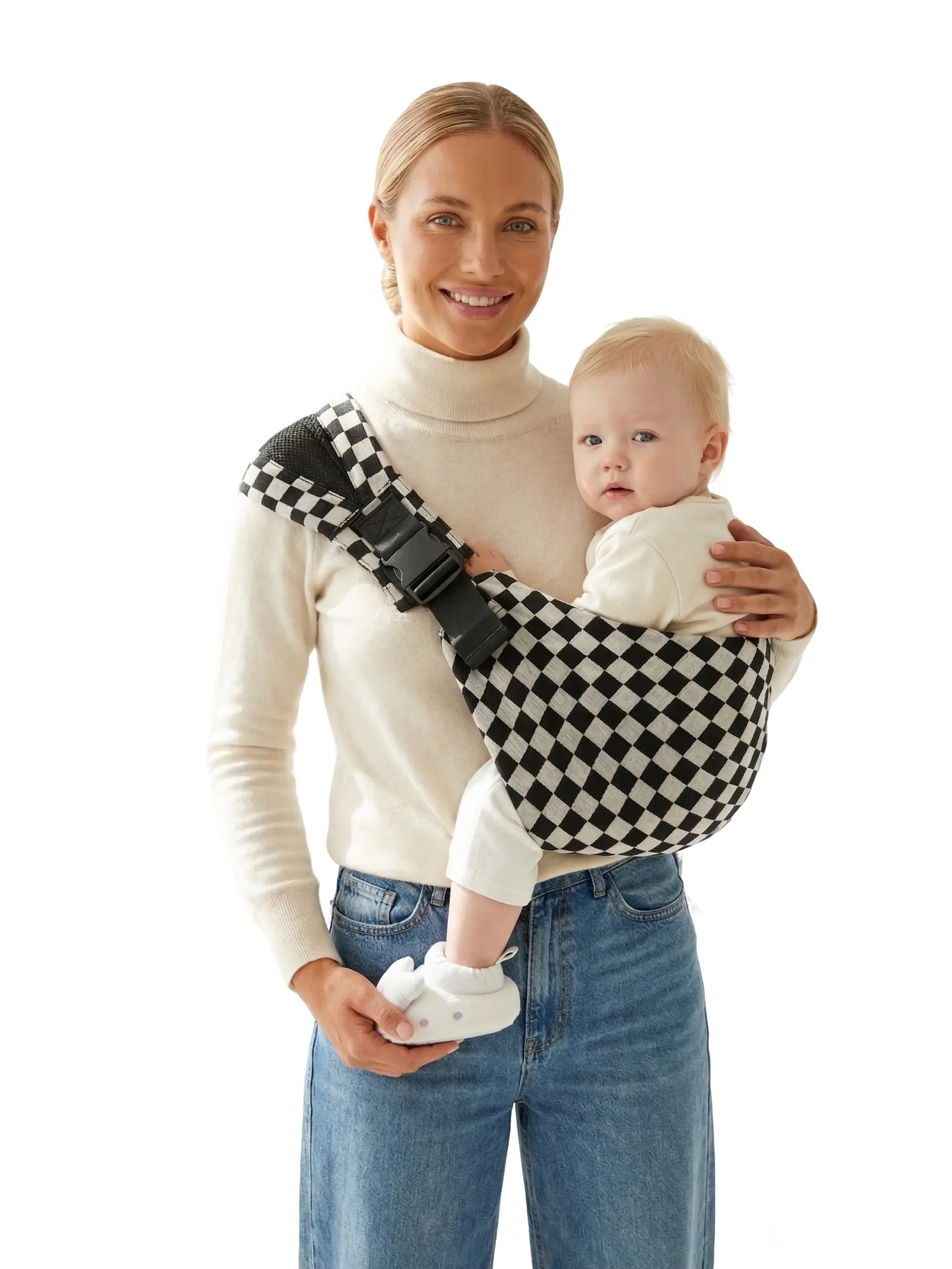 Lujifo Checkerboard Cotton Linen Baby Side Carrier - Lightweight Toddler Sling, Baby Travel Gear for Infants, Baby Carrier