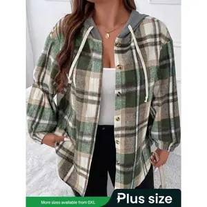 【Plus Size】 Plaid Patchwork Print Button Front Drawstring Hooded Jacket, Casual Long Sleeve Drop Shoulder Outerwear for Fall & Winter, Women's Clothes for Daily Wear
