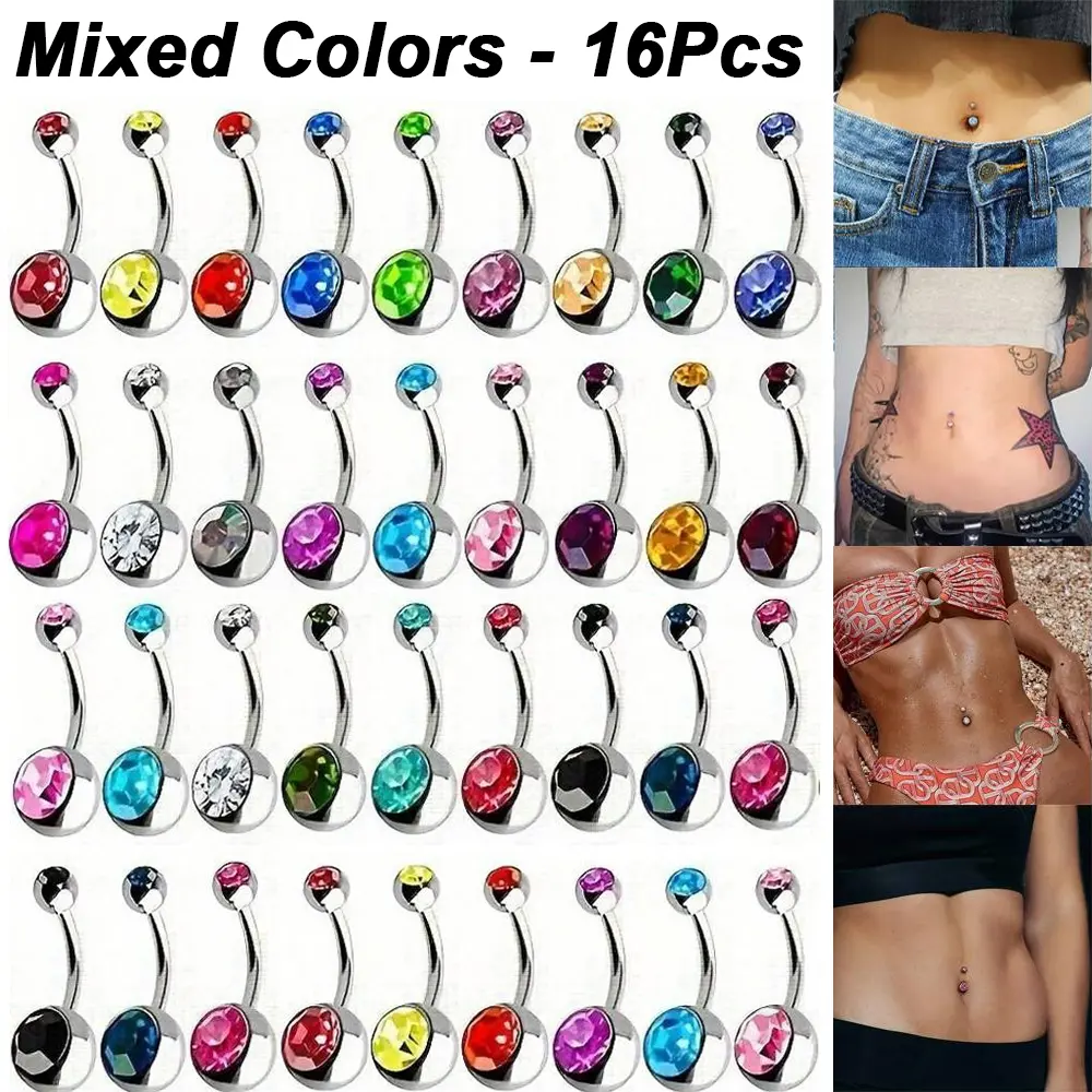 16Pcs Luxurious Double Drill 304L Stainless Steel Navel Ring Set Sexy Shiny Cubic Zirconia Belly Button Piercing Kit Punk Mixed Colors Body Jewelry Festivals, Birthdays, and Special Occasions Party Jewelry Vacation Travel Beach Valentine's Day Gift