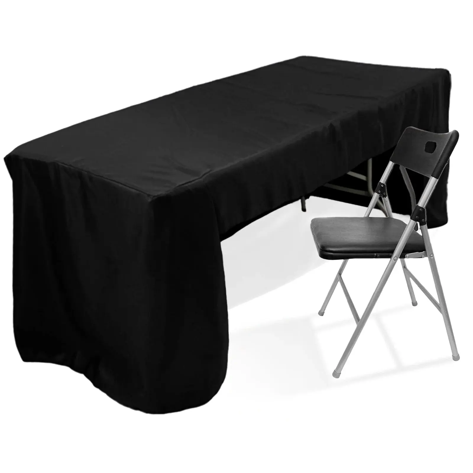 Black 96"x30" Fitted Polyester Open-Back Rectangle Outdoor Tablecloth - Outdoor Decor, Ideal for Trade Shows, Events
