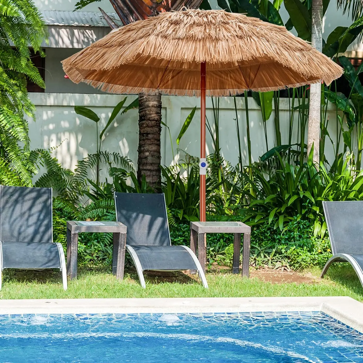 Vallmore 6FT Hawaiian Tiki Thatched Parasol, UPF30+ Tropical Thatch & Polyester Top, 0–30° Tilt, 8 Ribs, 4.5 lbs with Carry Bag, Wood-Grain Pole for Beach, Pool, Garden,
