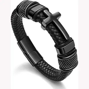 Men's Genuine Leather Bracelet Stainless Steel Cross Wristband Vintage Metal Wristband
