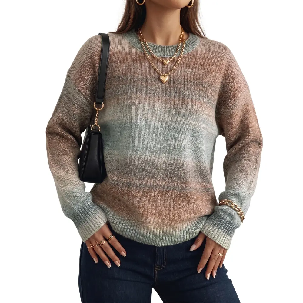 Dokotoo Women's Gradient Ombre Sweater, Soft Knit Long Sleeve Pullover Top, Crewneck Color Block Loose Fit Cozy Fall Winter Casual Outfit