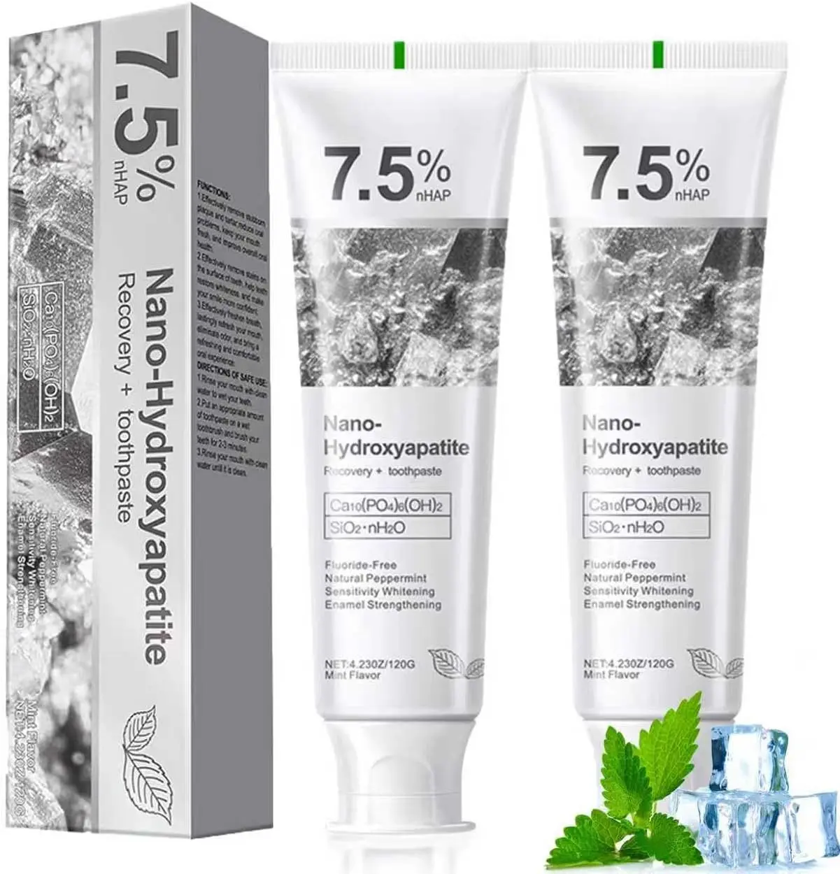 7.5% Nano Hydroxyapatite Toothpaste for Sensitive Teeth, Solid Enamel Repair & Anti-Cavity Cleansing, Fluoride-Free with a Fresh Mint Flavor for Adults