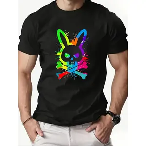 Men's Skull Rabbit Pattern T-Shirt - Bright Color Block Design, Summer Casual Short Sleeve Round Neck Top, Machine Washable Adult Streetwear, Opaque Fabric, Trendy Street Fashion, Durable Print, Printed Shirt, Exclusive for Street Style Enthusiasts Rifle