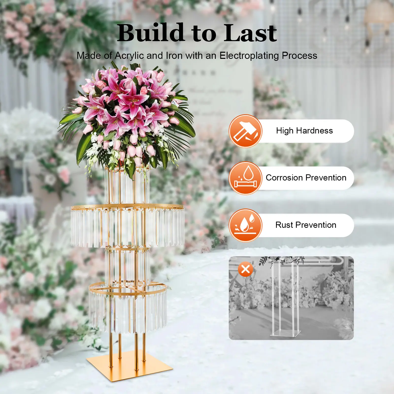 Transparent Acrylic Floral Stand - 17.64lbs Load Capacity, Wobble-Free Square Base, Modern Elegant Decor for Flower Festival, Decorative Bouquet, Faux & Artificial Floral Centrepieces, Festival Centrepieces