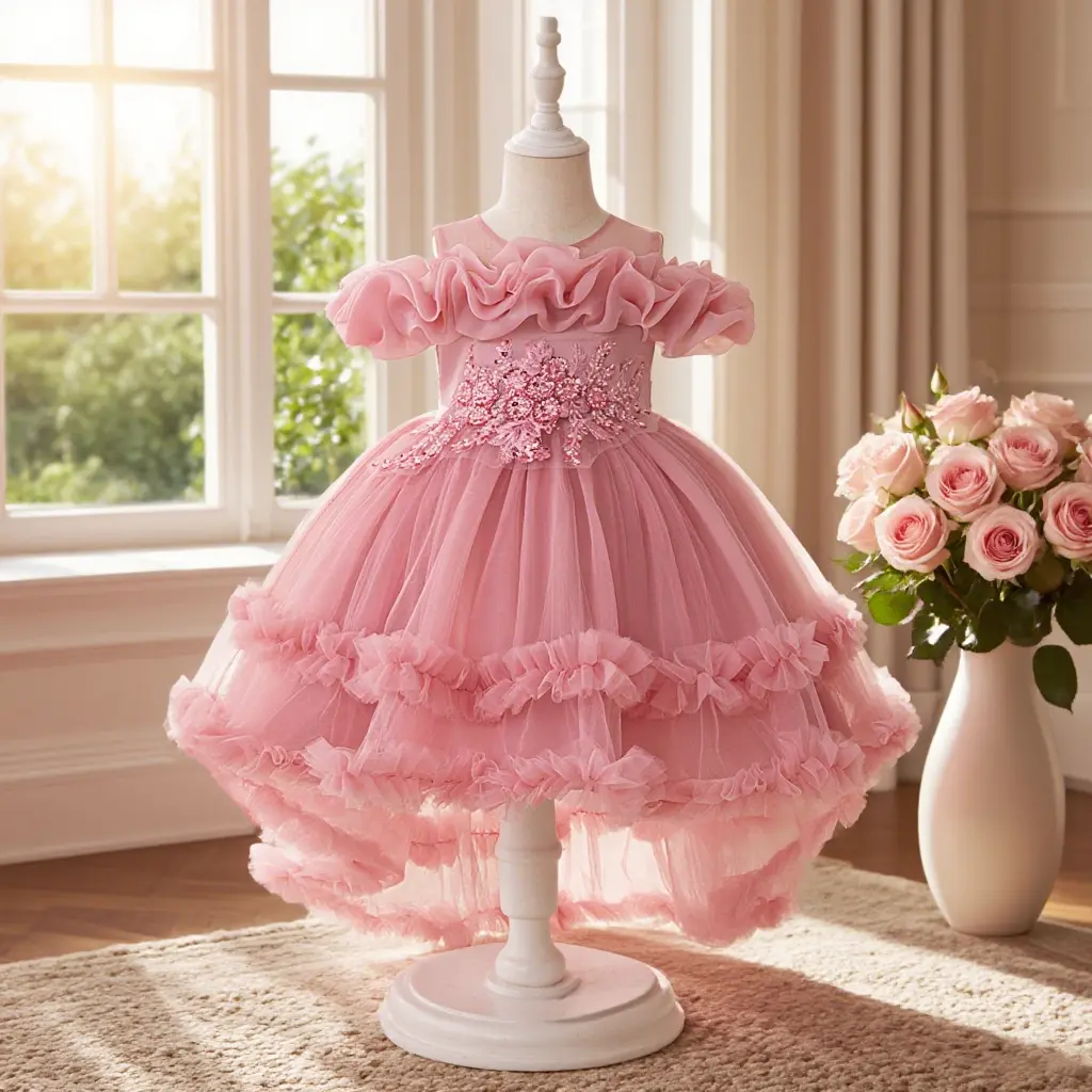 6001 Floral design train dress skirt girls dress elegant and beautiful dress suitable for birthday party gathering