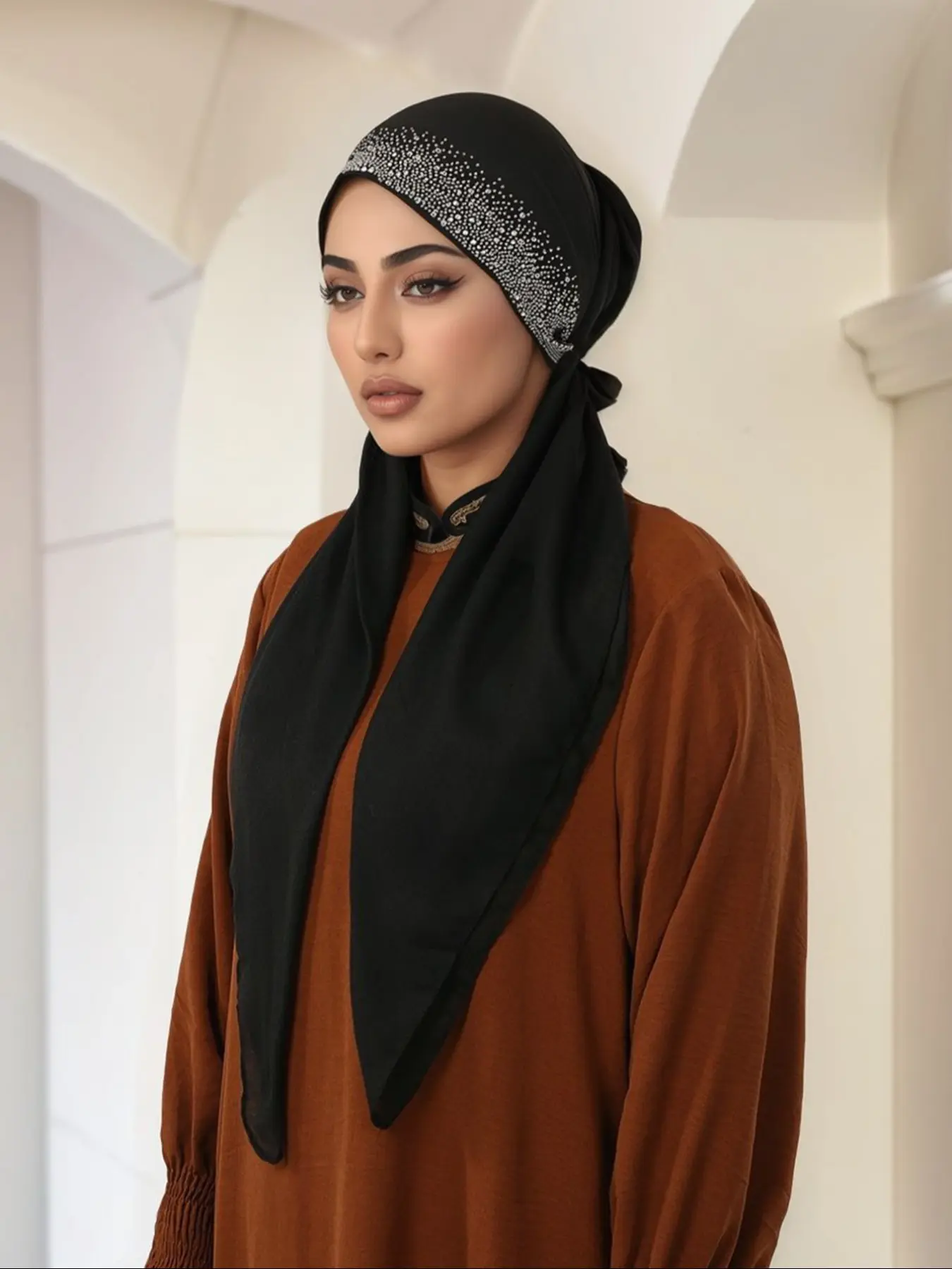Women's Fashion Casual Plain Color Rhinestone Stretch Hat, Modest Modesty Hijab, Versatile Simple Breathable Sweat-Wicking Sun Protection, Jersey Hijabs, Scarf