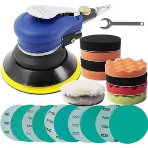 5 Inch Air Random Orbital Sander for Auto Body Work, Pneumatic Palm Sander Kit with 10 Polishing Sponge, Wool Pads & 10 Sandpapers
