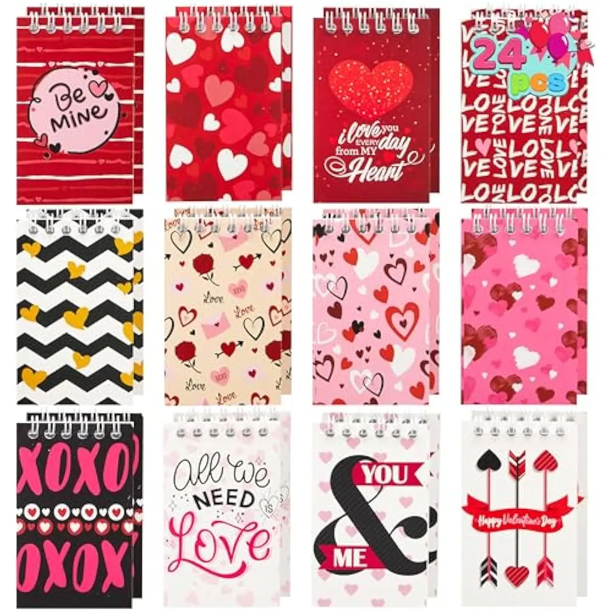 24 Valentine's Day 4'' Notepads, Mini Notesbook Set for Party Favors, Kids School Classroom Gifts Exchange