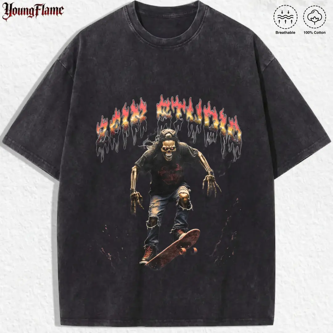 Skeleton Skateboard Fire graphic tee | Skater streetwear | Grunge clothing & y2k clothing | Fun fathers day gift ideas good graphic tee acid wash clothes loose fit casual shirt