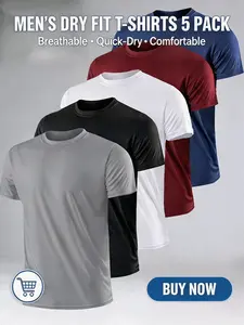 Men's 5-Pack Solid Color Sport T-Shirts, Quick-Dry Soft Breathable Round Neck Short Sleeve, Polyester Fabric, Summer Casual Wear, Fitness Training Clothes, Activewear Tees