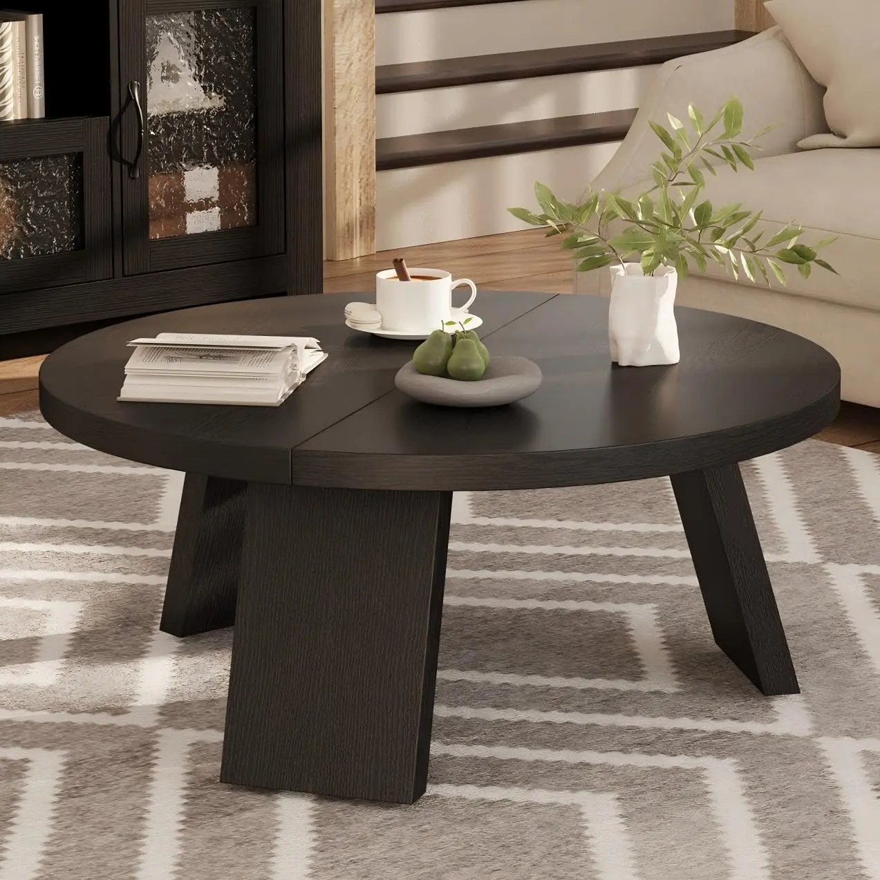 Garvee 33.5" Round Coffee Table with Modern Inclined Legs, Stylish Accent Cocktail Table for Living Room and Bedroom, Easy to Assemble, Black Finish