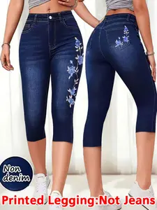 Women's Printed Leggings, Fashionable Fake Jeans Tight Pants, Pockets, Elastic Print, Fit, All-Season Wear, Elegant Style, Summer, Bottom