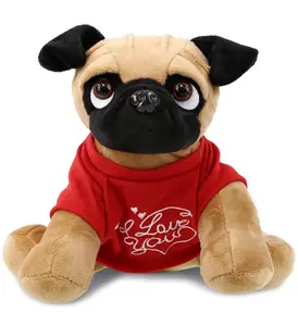 DOLLIBU 8" Polyester Stuffed Pug Dog Stuffed Animal, Durable Soft Fluffy Plush with Embroidered "I Love You" Red Shirt, Cuddly Gift for 0-12 Year Old Kids, Stuffed Animals