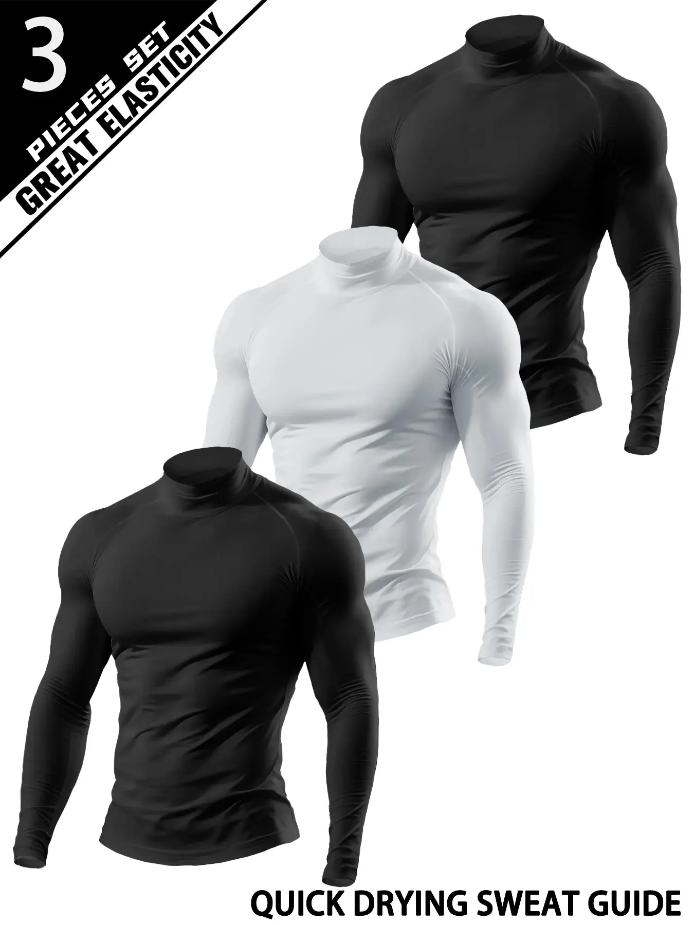 3 Pack Men's Mock Neck Compression Shirts Long Sleeve High Elasticity Base Layer Workout Tee 4-Way Stretch Athletic Undershirt Activewear Top for Gym Training Bodybuilding Running, Athletic Training Tops Compression Undershirts