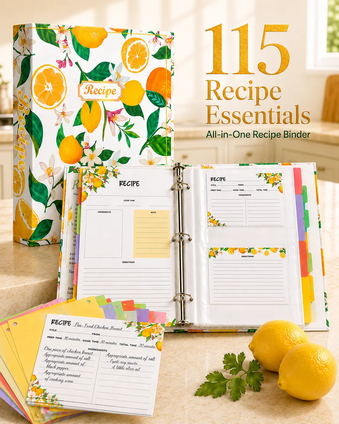 【On Sale】Recipe Binder Kit 8.5" x 11", 3 Ring Cookbook Organizer with 60 Recipe Cards, 30 Sheet Protectors, 8 Dividers, 15 Pages & 66 Labels, Lemon Floral