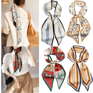 Set of 4 Women'S Fashion Scarves with Ribbon Headbands, Includes 4 Floral And Leaf Pattern Satin Scarves, Multi-Functional Neck Scarf And Hair Band