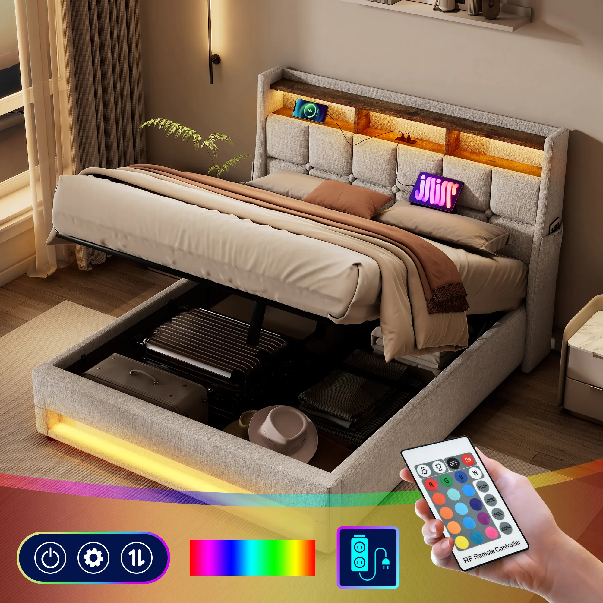 Lift Up Storage Bed Queen LED Bed Upholstered Platform Bed with a Hydraulic Storage System, LED and USB Charging, No Box Spring Needed, Linen (without mattress)