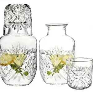 Viral Aesthetic Vintage Embossed Transparent Glass Bedside Carafe & Tumbler Set, Hotel-Grade Thickened Shatterproof Lead Free Food Grade Water Pitcher, Dustproof Inverted Cup, Dishwasher Safe for Bedroom Nightstand Guest Room Housewarming Home Decor Gift