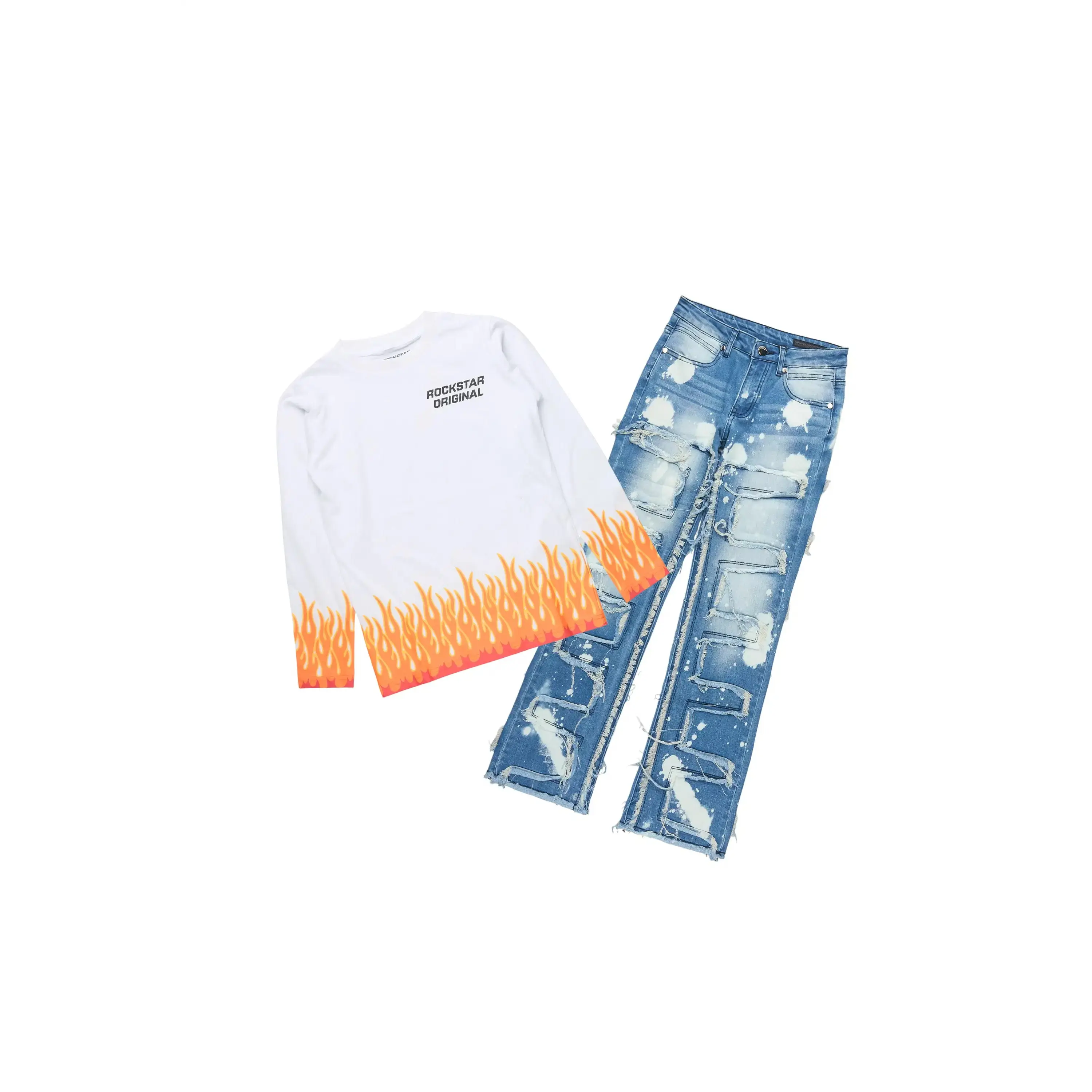 Boys Roeland White Long Sleeve T-Shirt & Laban Blue Bleach Stacked Flare Jean Set