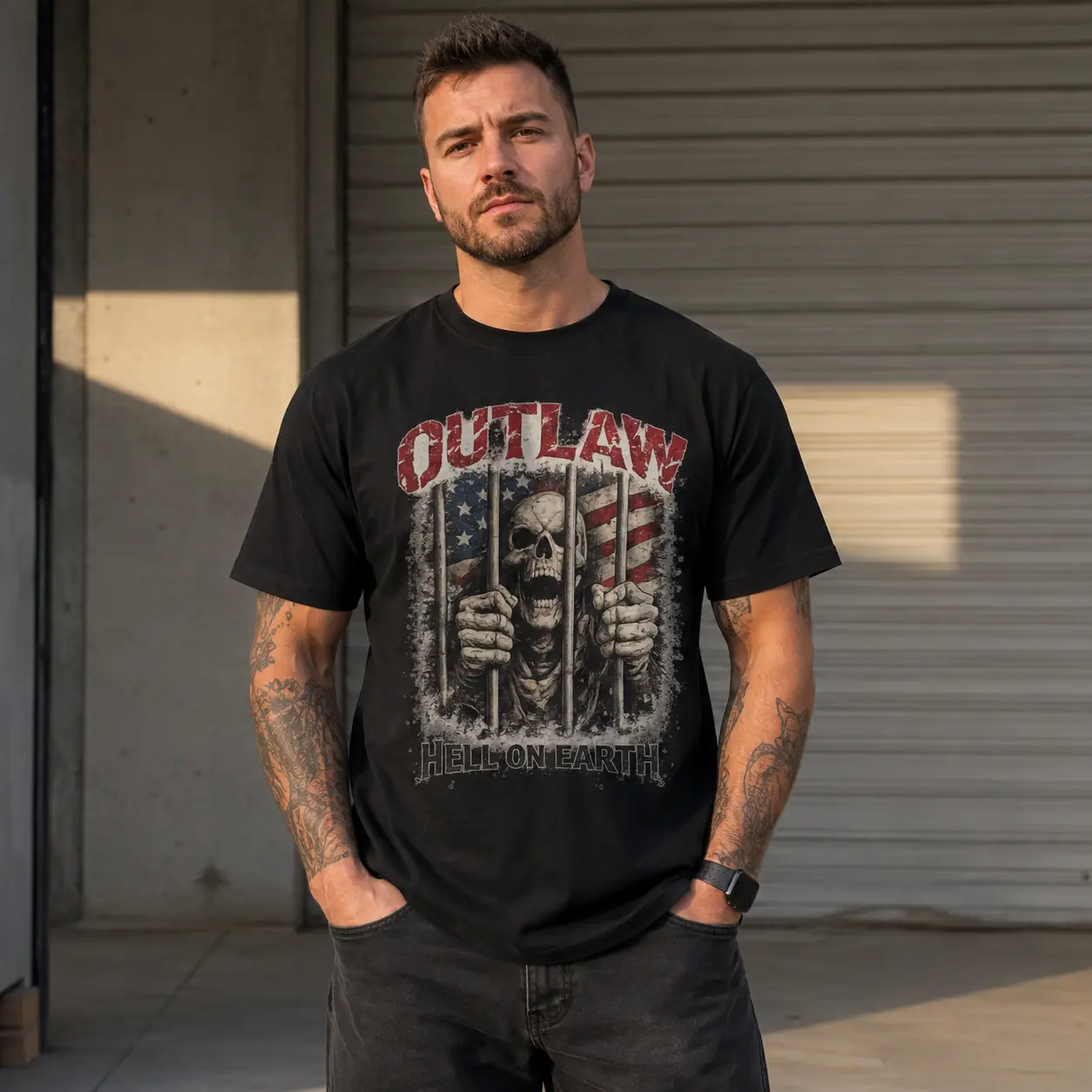 Men's Outlaw Rebel Theme Graphic T-Shirt - Black Short-Sleeve Round Neck Menswear Tee, Skull Behind Bars & Distressed Art American Flag Print, Dark Western Streetwear Top, Casual Gift, Shortsleeve, Crew Neck