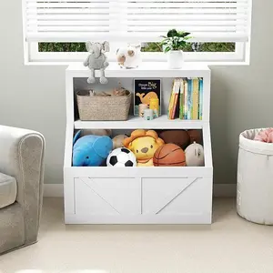 Kids Bookshelf and Toy Storage, 2 Tier Toy Organizer with Storage Cabinet, Toddler 2 Shelf Bookcase for Playroom, Bedroom, Living Room, Classroom, White
